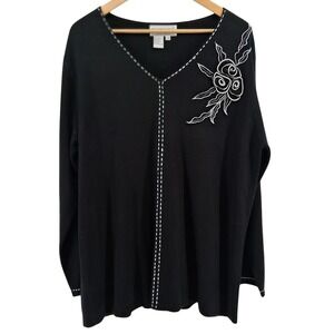 Brownstone Studio NY Womens 2X Black Sweater 3D Floral Applique V Neck Artwear